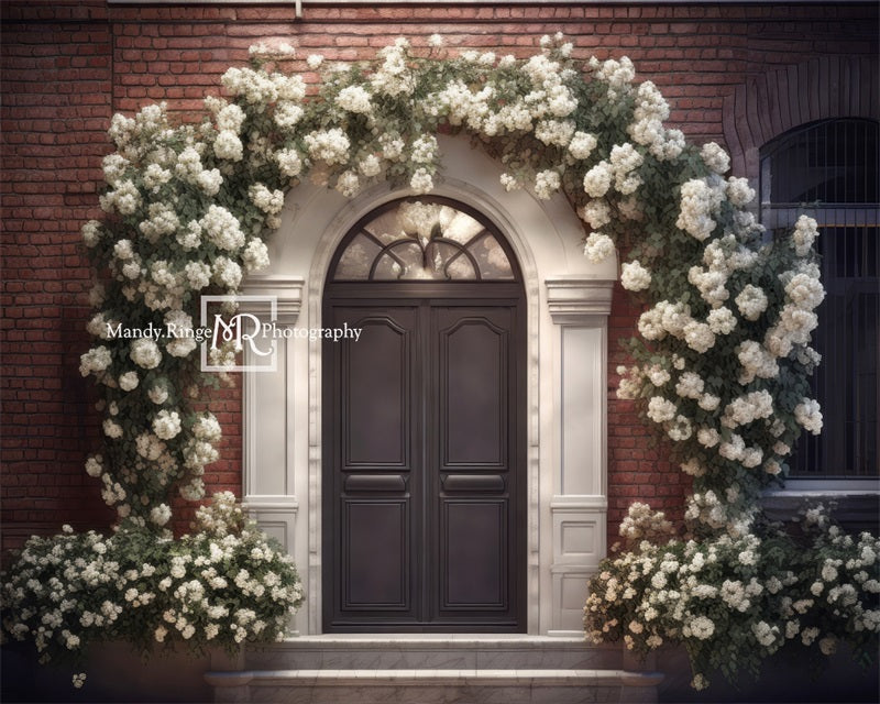 Kate White Flower Arch with Front Door Backdrop Designed by Mandy Ringe Photography