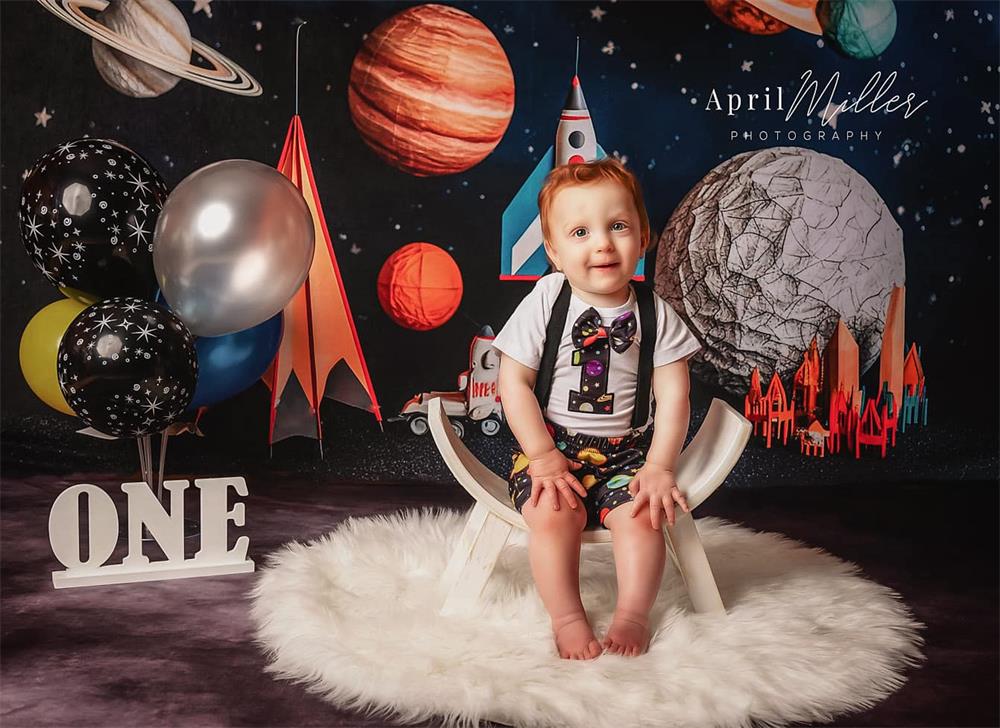 Astronaut Universe Rocket Cake Smash Verjaardag Achtergrond voor Fotografie