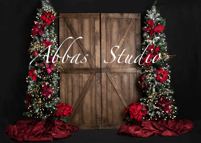 Kate Christmas Barn Door With Red Tree Backdrop Designed by Abbas Stud