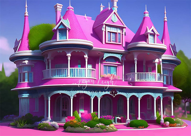 Modepoppen fantasie roze huisachtergrond ontworpen door Megan Leigh Fotografie