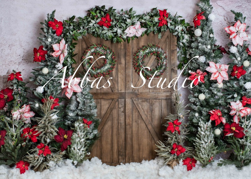 Kate Christmas Barn Door with Red Floral Backdrop Designed by Abbas Studio