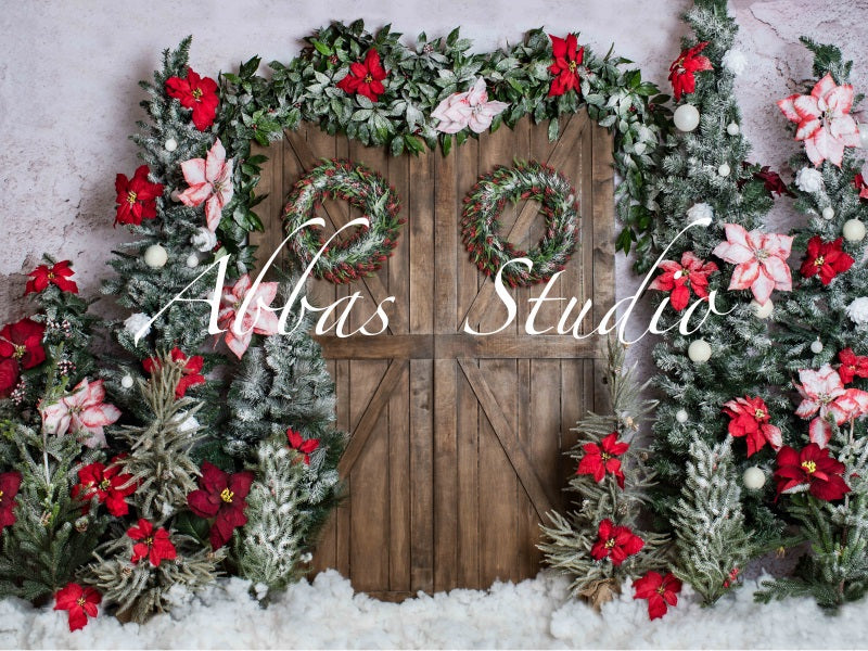 Kate Christmas Barn Door with Red Floral Backdrop Designed by Abbas Studio