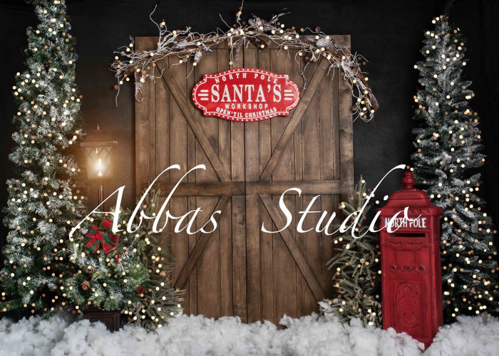 Kate Christmas Santa's Workshop Door With Lights Backdrop Designed by