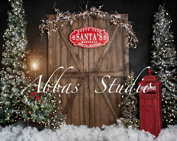 Kate Christmas Santa's Workshop Door With Lights Backdrop Designed by