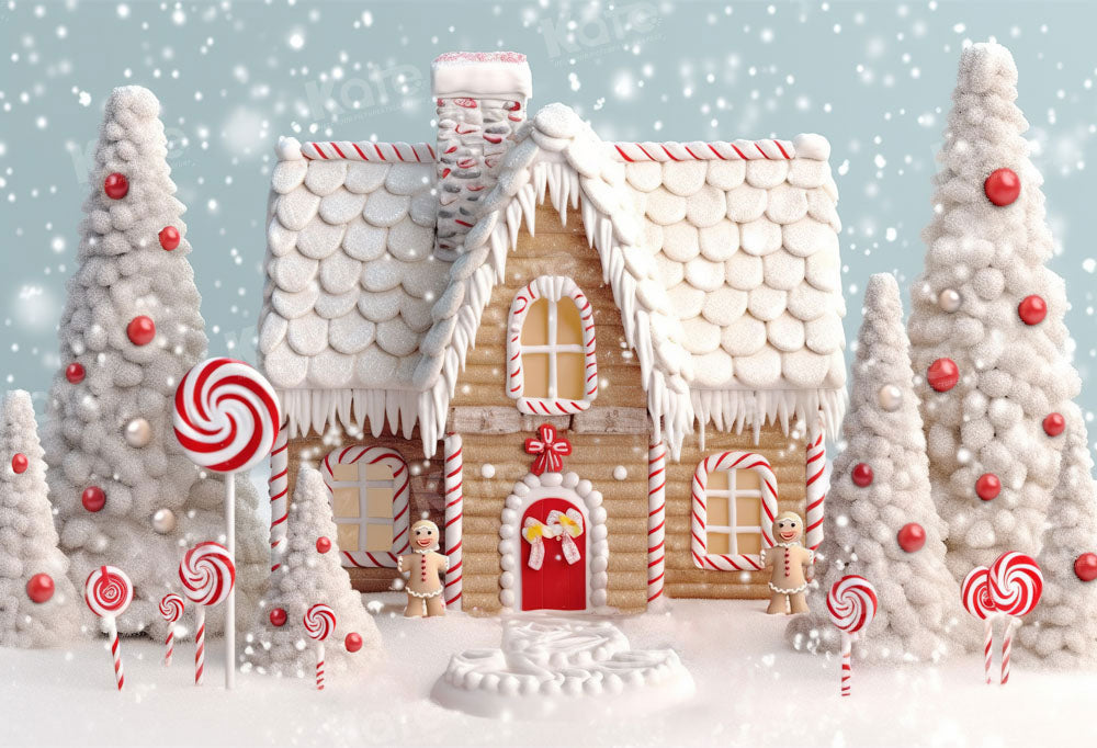 Sfondo invernale natalizio con casa di caramelle nel cortile progettato da Chain Photography