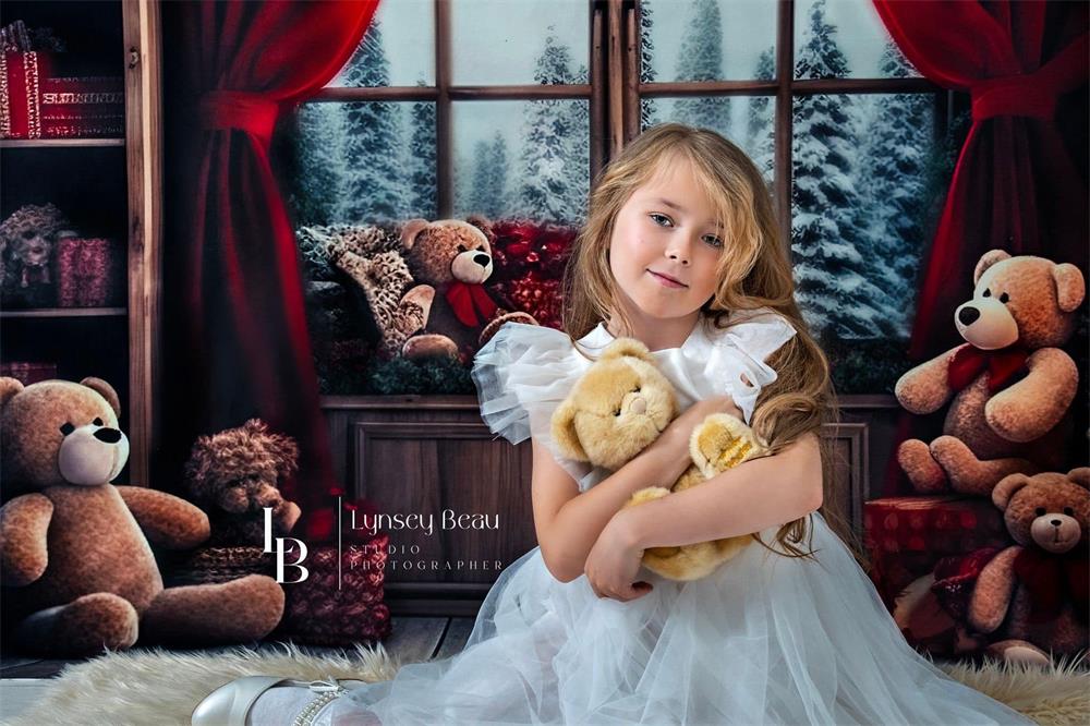 Kate Christmas Room Teddy Bear Windows Backdrop Designed by Chain Photography