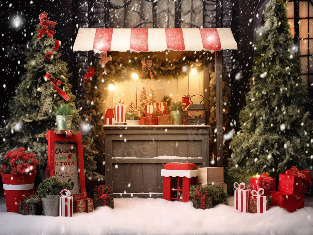 Christmas Snowy Night Shop Cart Tree Backdrop Disegnato da Chain Photography