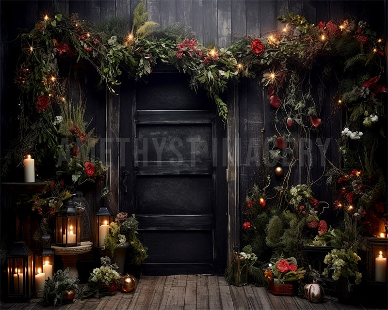 Fondo de puerta negro diseñado por Angela Miller para Navidad con hojas verdes.