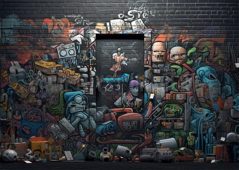 Fondo de pared de grafiti de fantasía con robot diseñado por Angela Miller