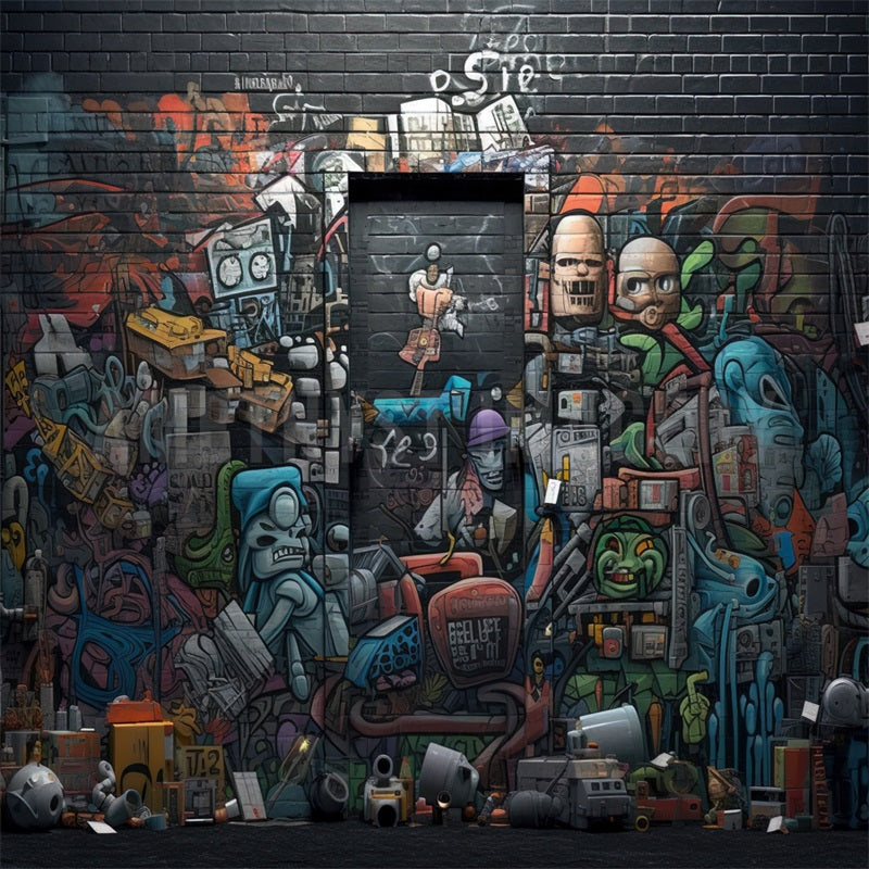 Fondo de pared de grafiti de fantasía con robot diseñado por Angela Miller