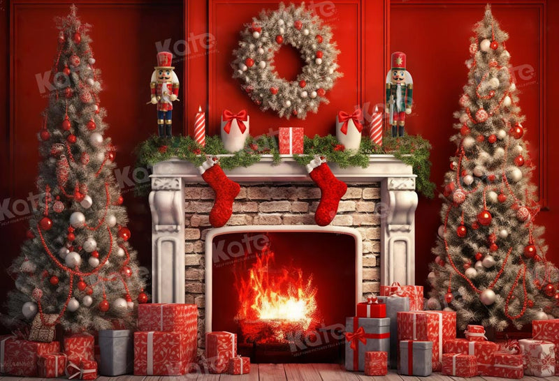 Kate Christmas Red Fireplace Tree Backdrop Designed by Chain Photograp