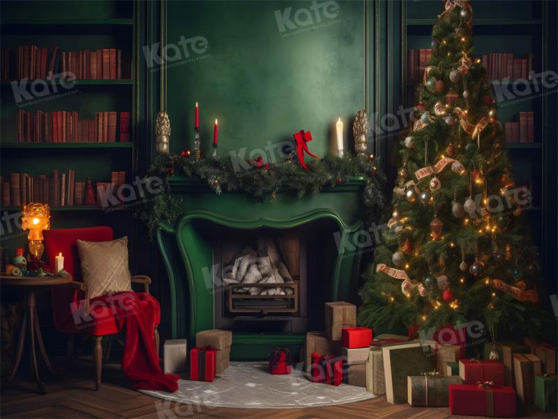 Sala de Navidad Verde Chimenea Árbol Fondo para Fotografía