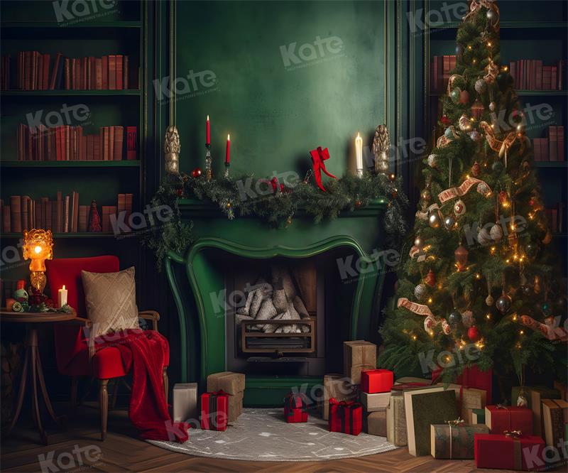 Kate Christmas Room Green Fireplace Tree Backdrop for Photography