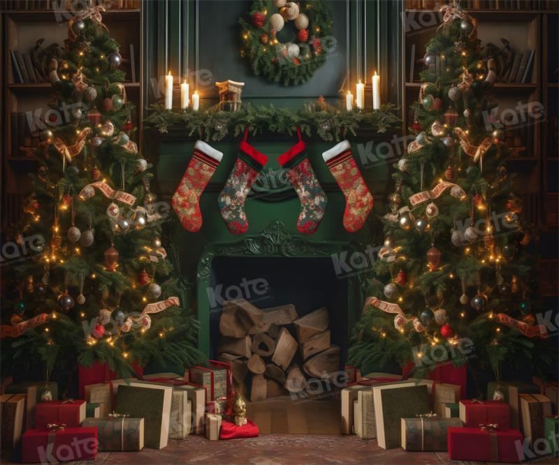 Kate Christmas Fireplace Gift Room Backdrop for Photography