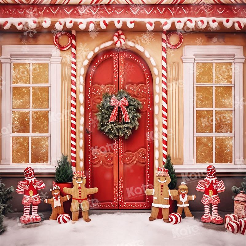 Kate Christmas Pastel Gingerbread Green Door Winter Backdrop for Photography