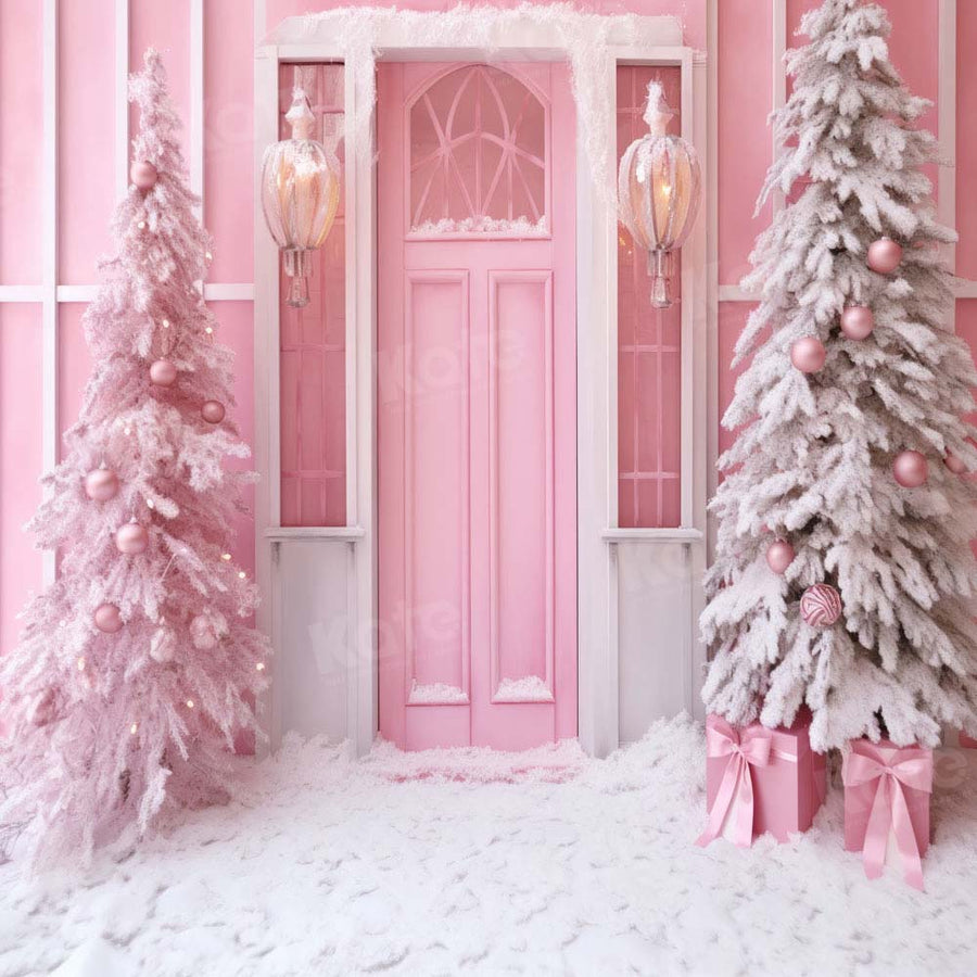 Kate Christmas Pink Door House Tree Backdrop Designed by Chain Photogr