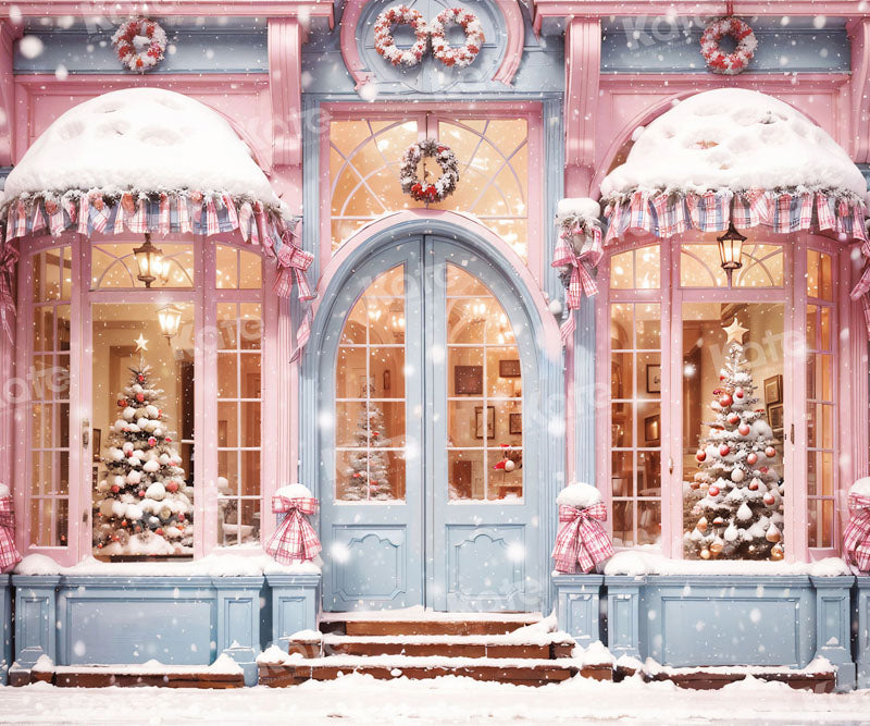 Sfondo nevoso rosa per fotografia del negozio di Natale