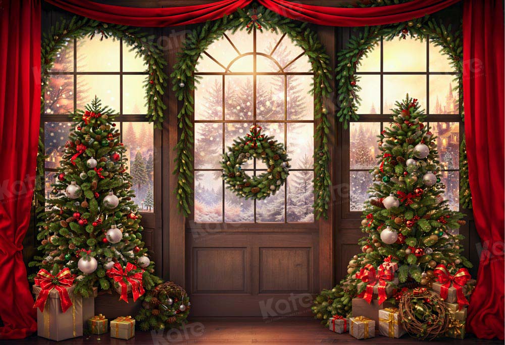 Albero di Natale Rosso Tenda Sfondo Finestra Design di Catena Fotografica