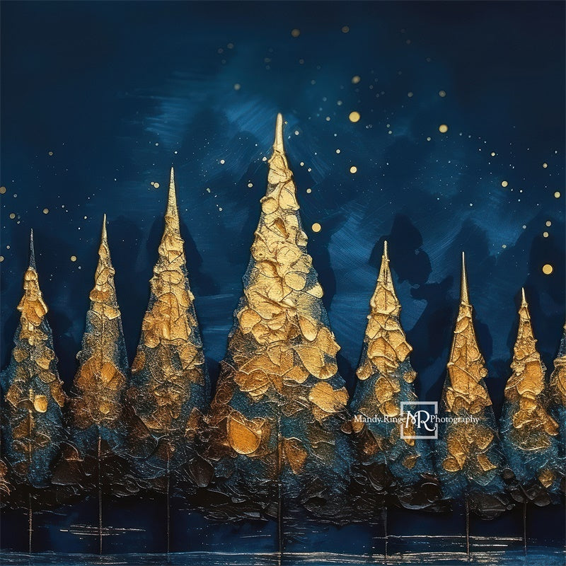 Sfondo con alberi dipinti di blu e oro per le vacanze disegnato da Mandy Ringe Photography