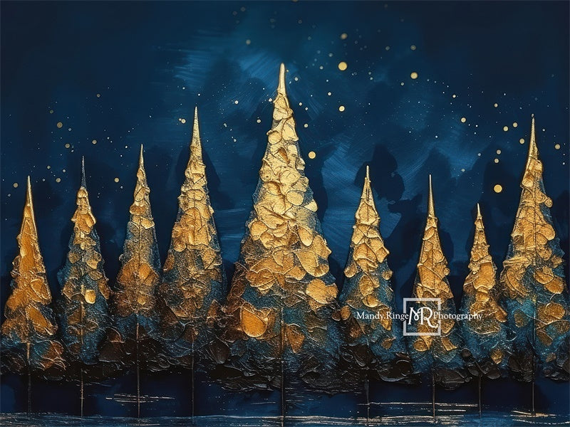 Sfondo con alberi dipinti di blu e oro per le vacanze disegnato da Mandy Ringe Photography