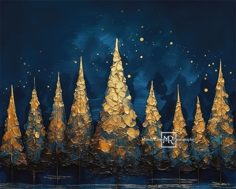 Sfondo con alberi dipinti di blu e oro per le vacanze disegnato da Mandy Ringe Photography