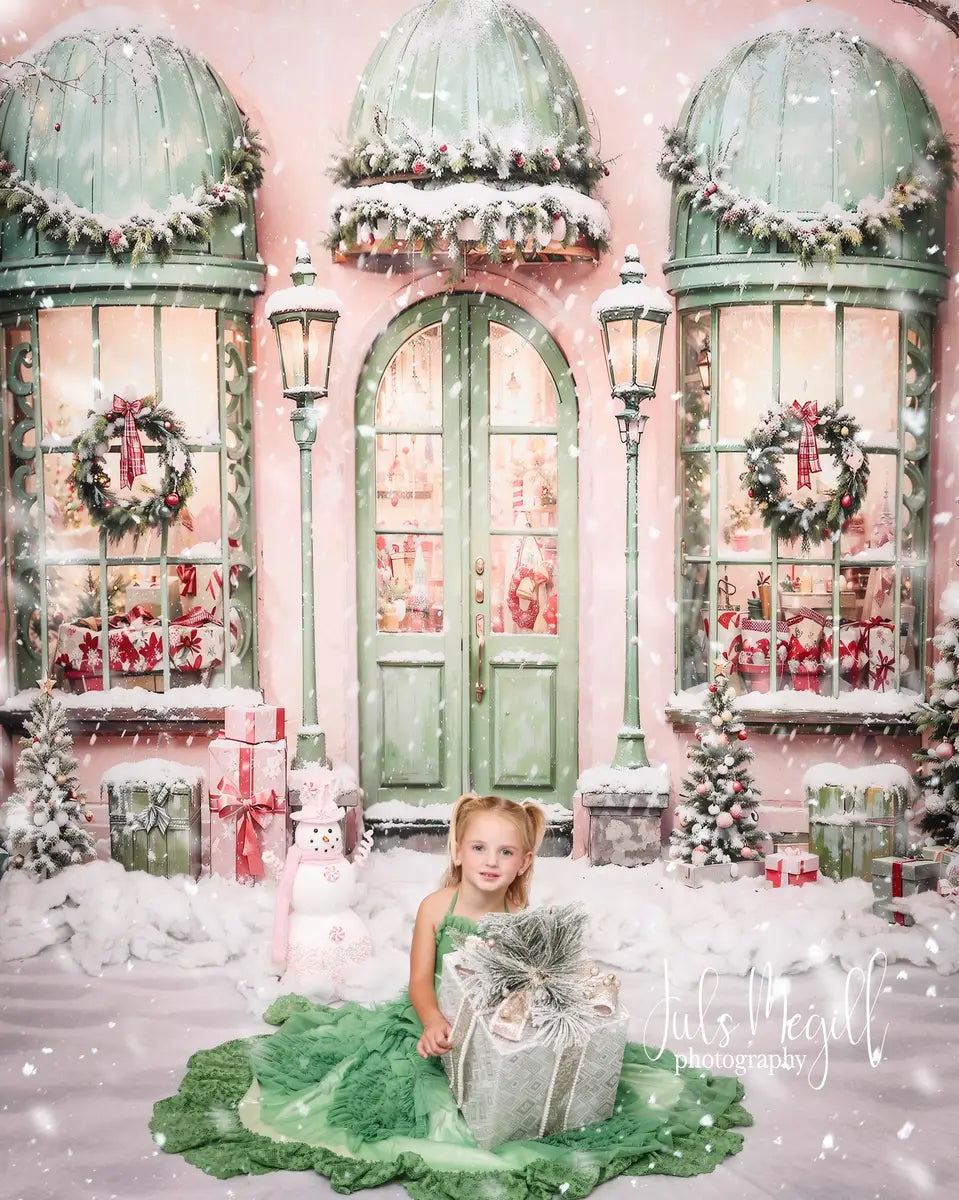 Kate Christmas Pink House Snow Gift Street Backdrop Designed by Chain Photography