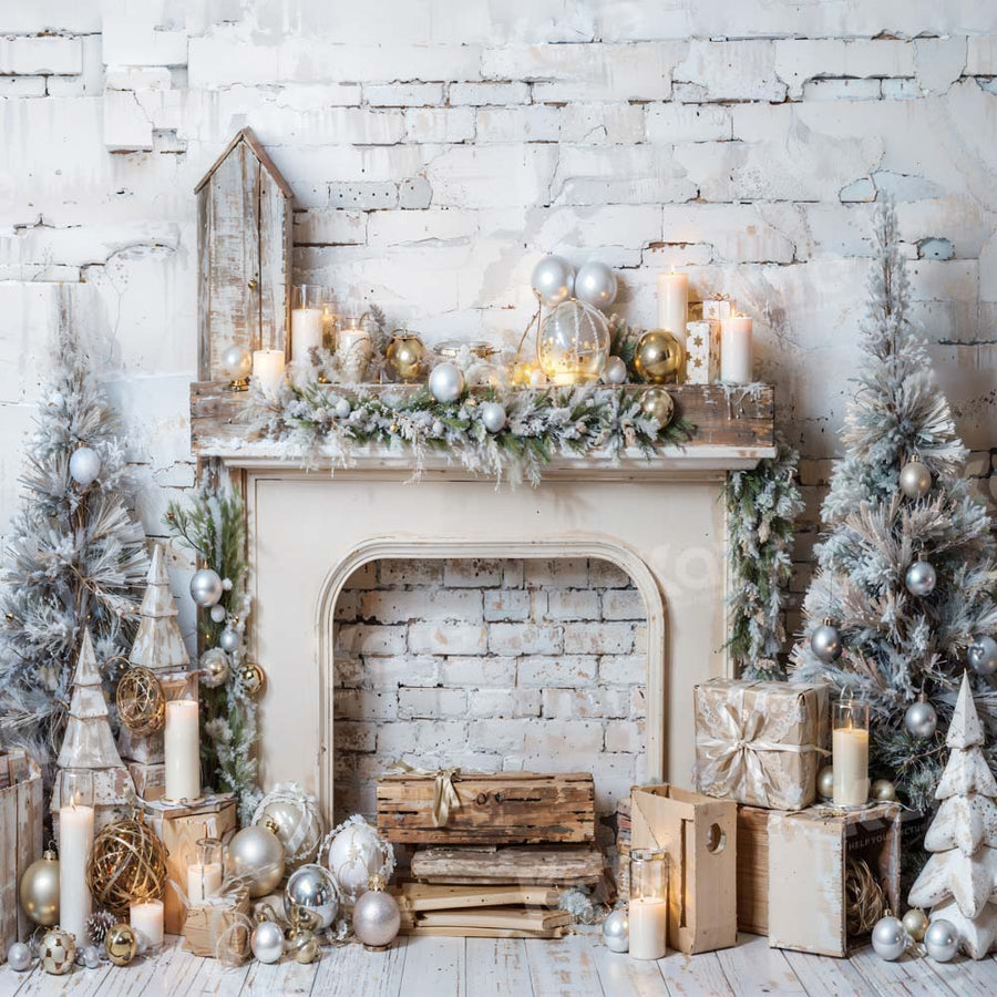 Kate Christmas Fireplace Tree Brick Wall Backdrop Designed by Emetselc