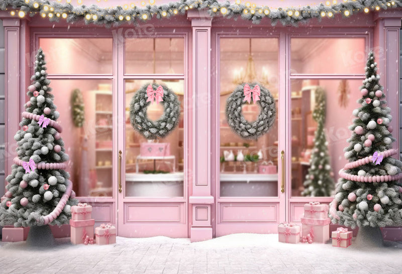 Kate Christmas Pink Store House Door Backdrop Designed by Chain Photog