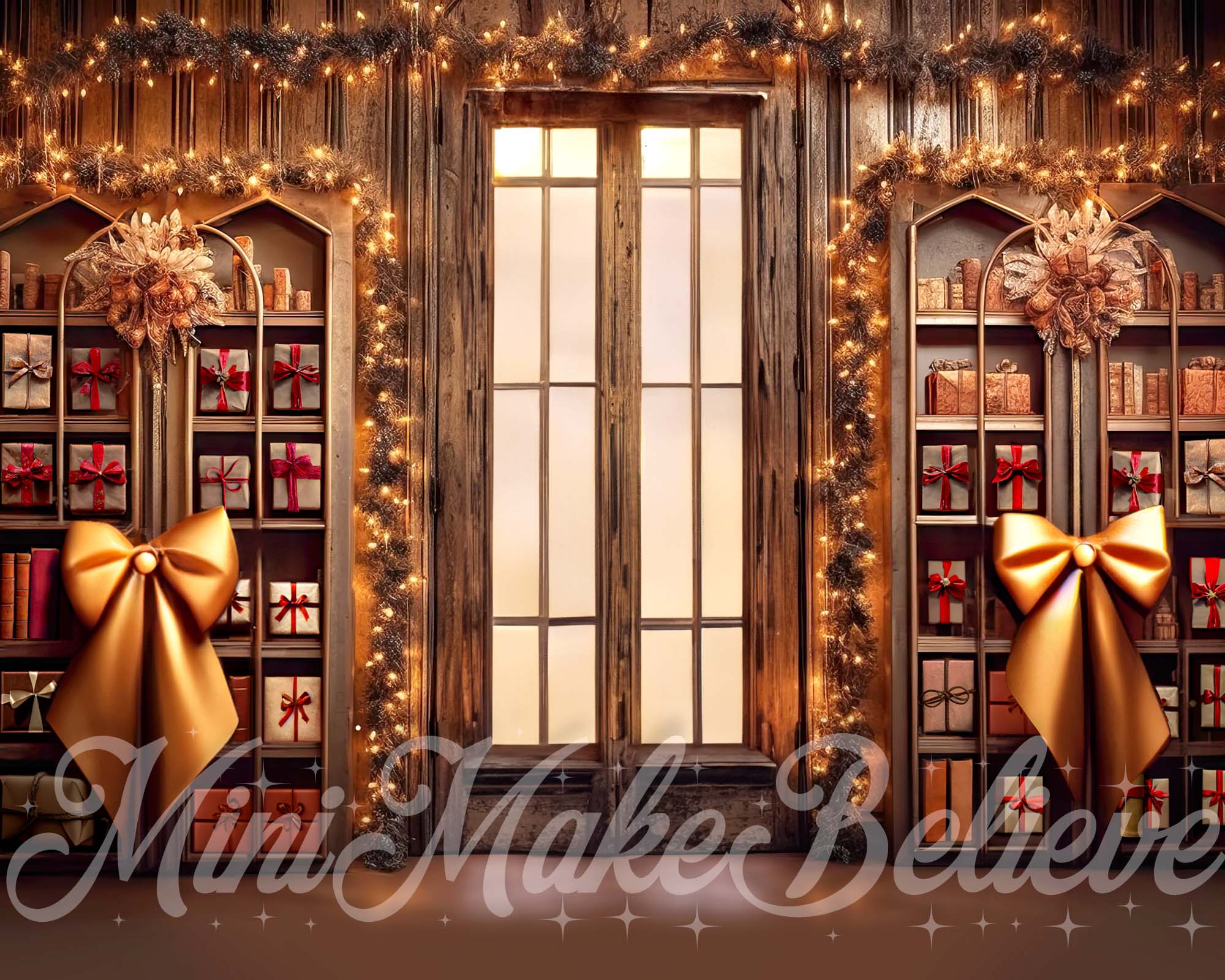 Kate Brown Rustic Library Winter Christmas Gift Backdrop Designed by Mini MakeBelieve