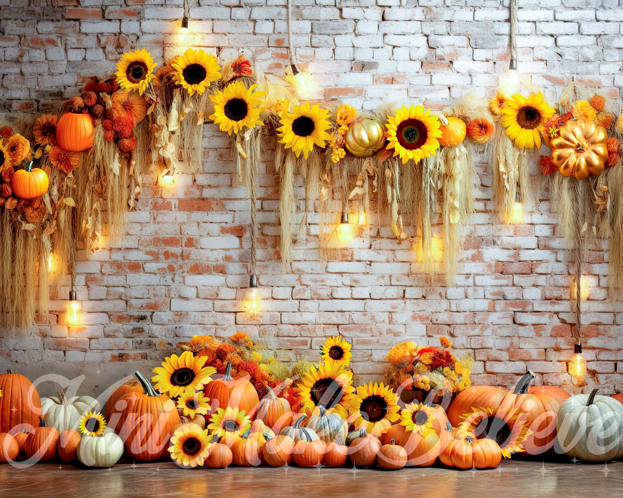 Fondo de otoño con calabazas, girasoles y pared de ladrillos diseñado por Mini MakeBelieve