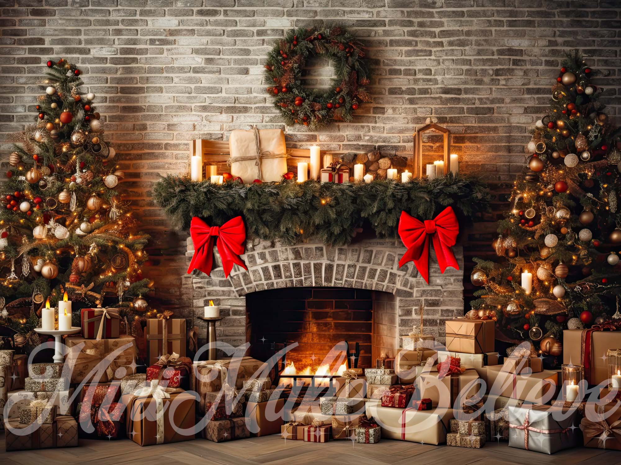 Kerst Rustieke Bakstenen Open Haard en Bomen Winter Achtergrond Ontworpen door Mini MakeBelieve (alleen verzending naar Canada)