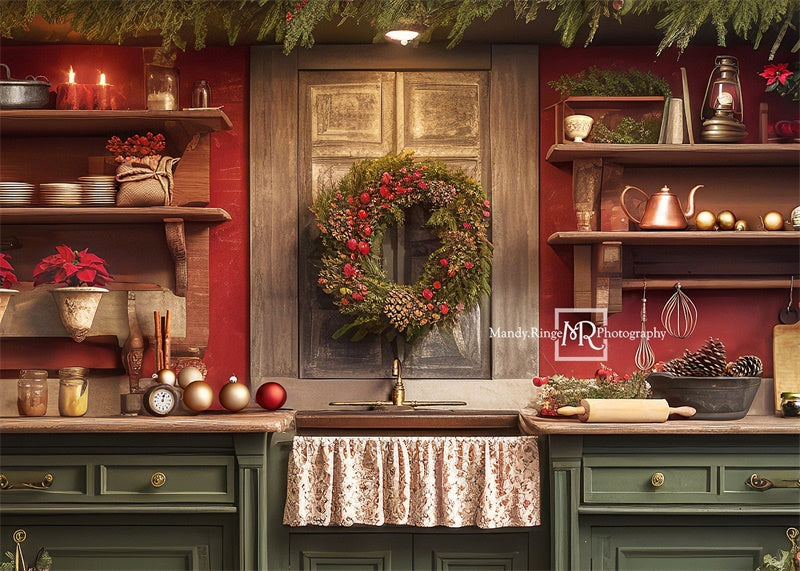 Sfondo natalizio rosso e verde per cucina progettato da Mandy Ringe Photography