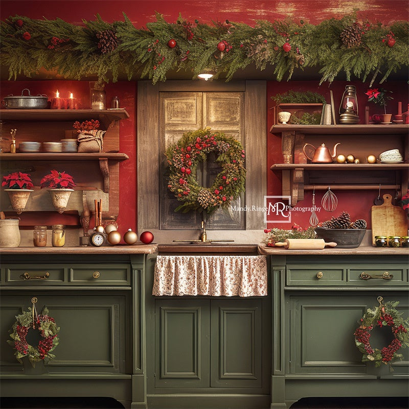 Sfondo natalizio rosso e verde per cucina progettato da Mandy Ringe Photography