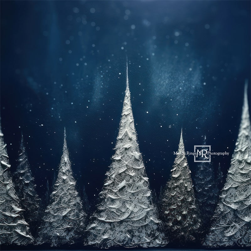 Kate Christmas Silver and Blue Painted Pine Trees Backdrop Designed by