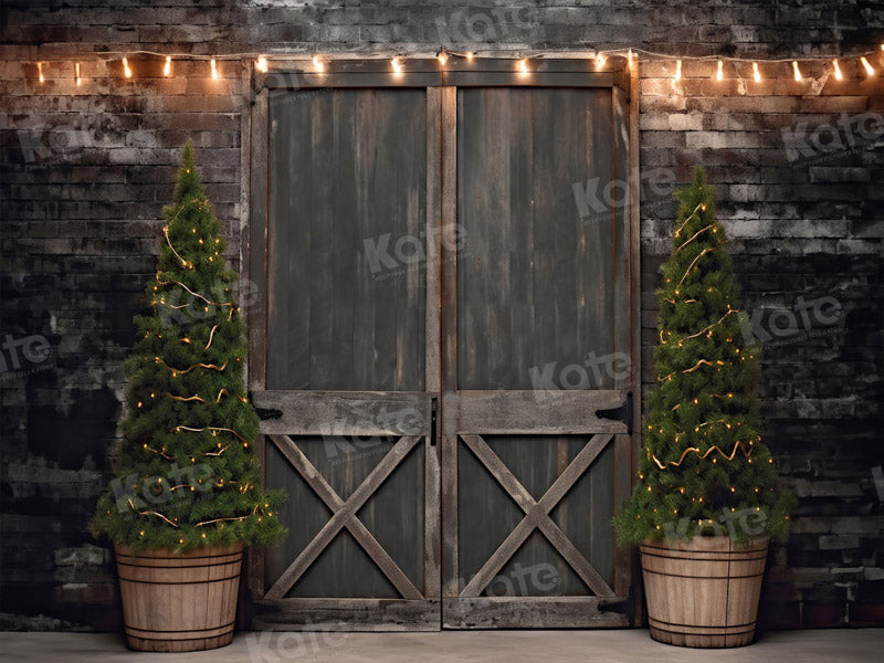 Fondo de pared de ladrillo oscuro gris para fotografía con puerta de granero - Navidad