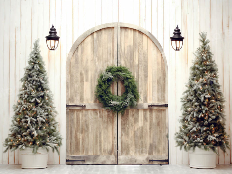 Kerst Beige Muur Bruine Schuurdeur Boom Achtergrond voor Fotografie