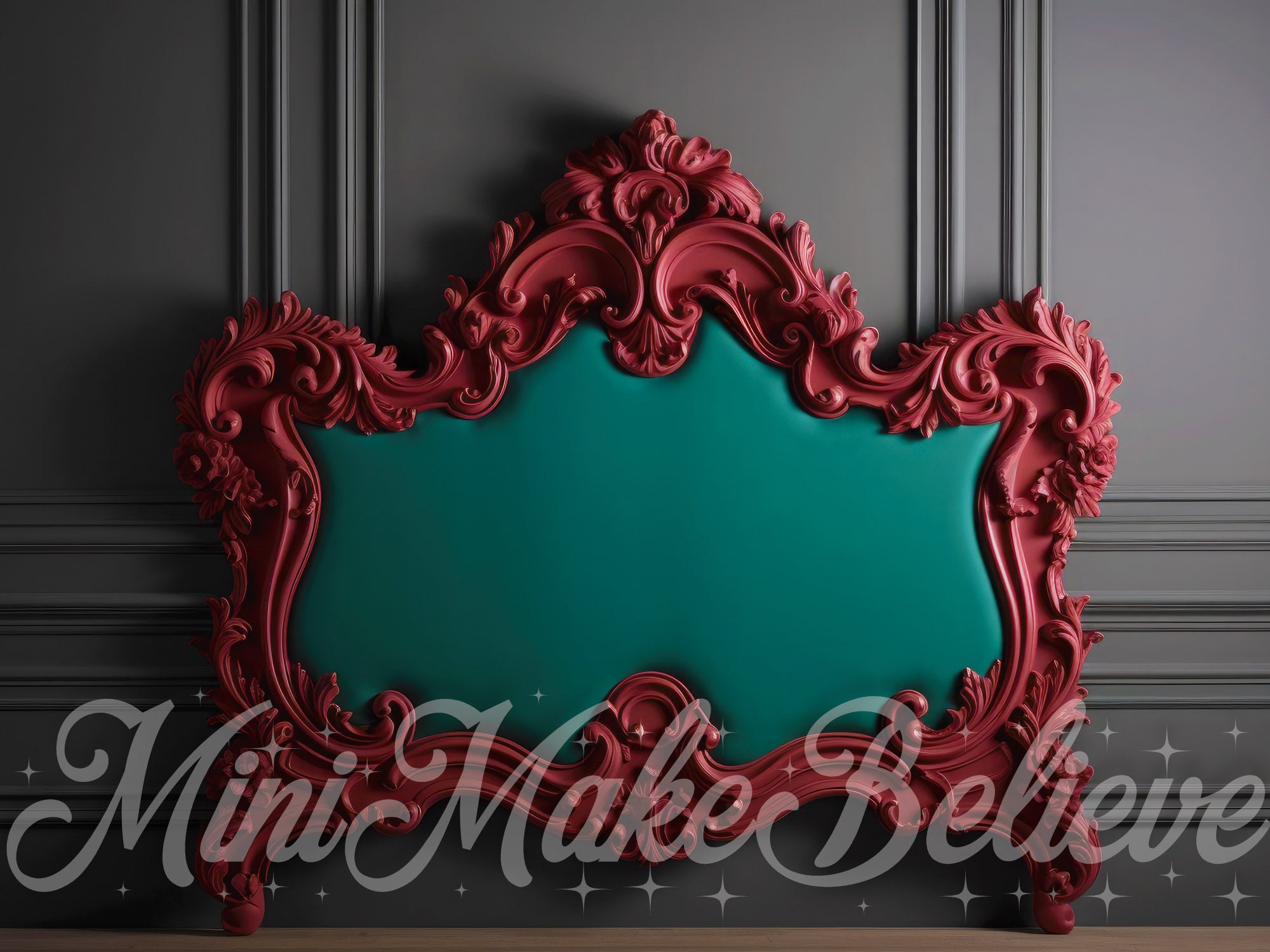 Kate Fancy Christmas Cranberry Teal on Grey Wall Headbaord Backdrop Designed by Mini MakeBelieve