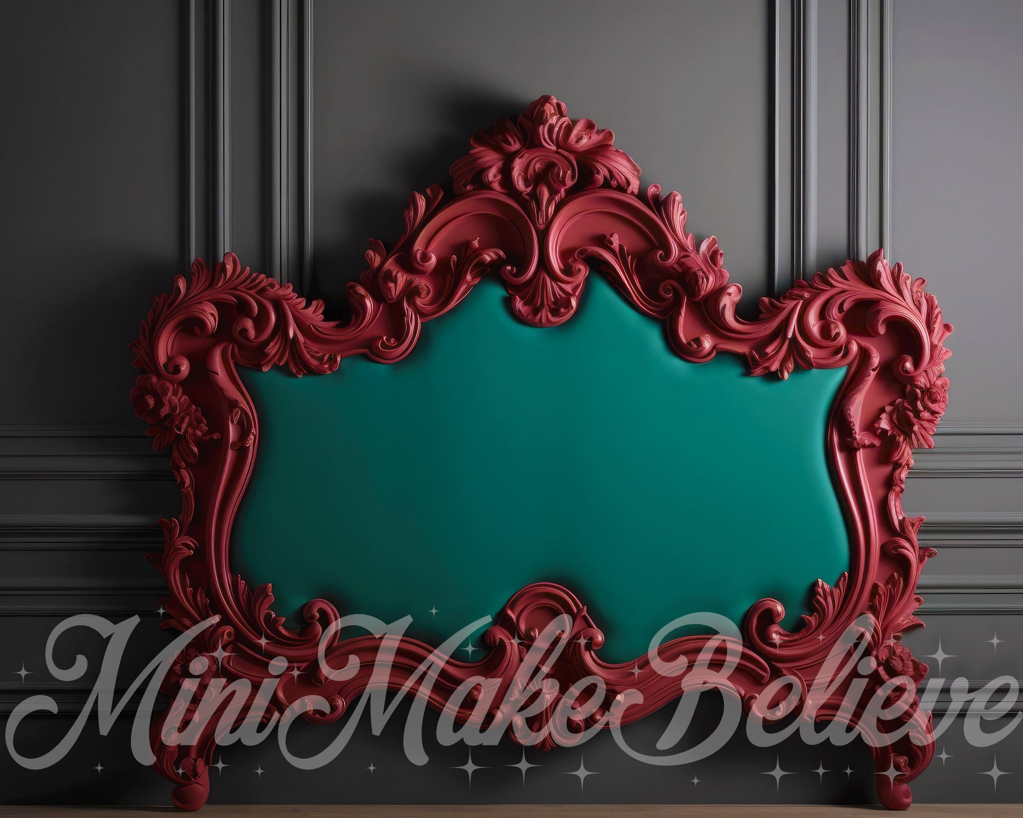 Kate Fancy Christmas Cranberry Teal on Grey Wall Headbaord Backdrop Designed by Mini MakeBelieve