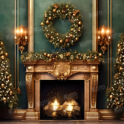 Kate Christmas Green Wall Golden Fireplace Backdrop for Photography