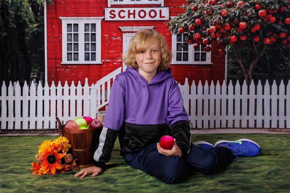 Kate Back to School Red House Apple Tree Fence Backdrop Designed by Chain Photography