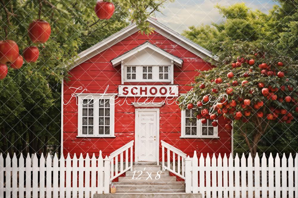 Kate Back to School Red House Apple Tree Fence Backdrop Designed by Chain Photography