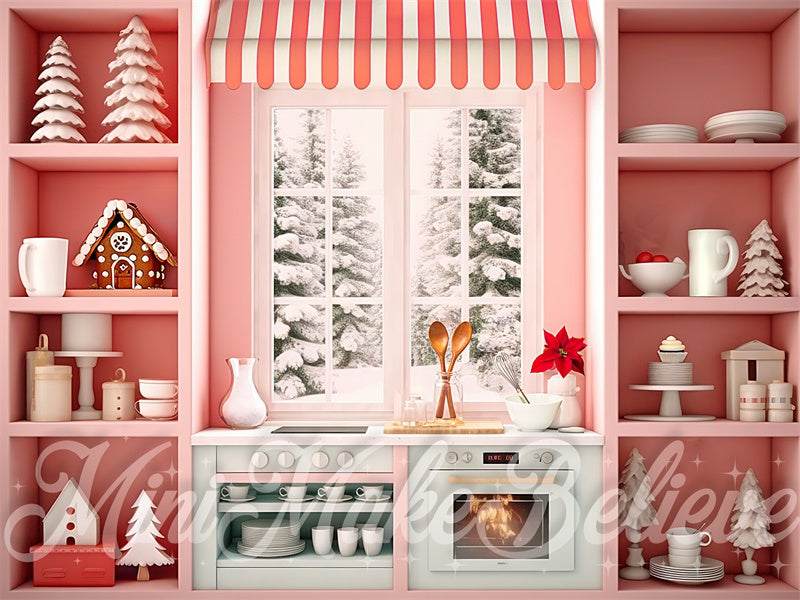 Kerstige, stijlvolle roze keukenachtergrond ontworpen door Mini MakeBelieve
