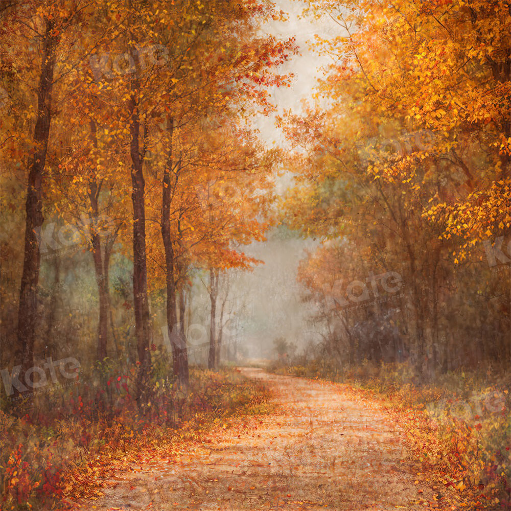 Autunno, sentiero dorato tra le foglie del bosco, sfondo per fotografia.