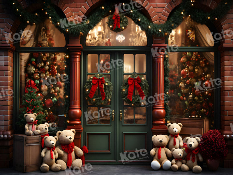 Kerst Teddybeer voor Groene Winkeldeur Achtergrond voor Fotografie