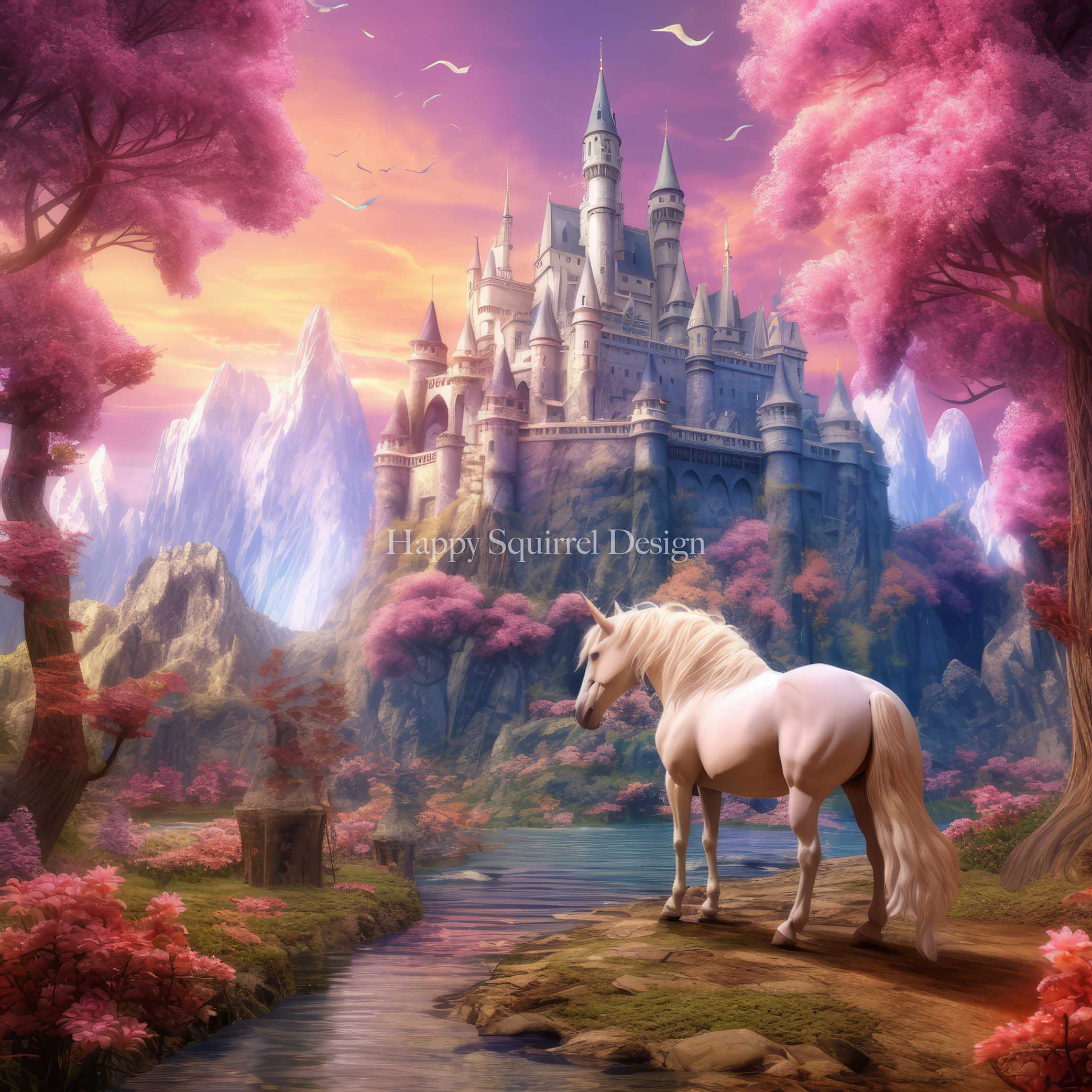 Castello magico unicorno sfondo magico progettato da Happy Squirrel Design