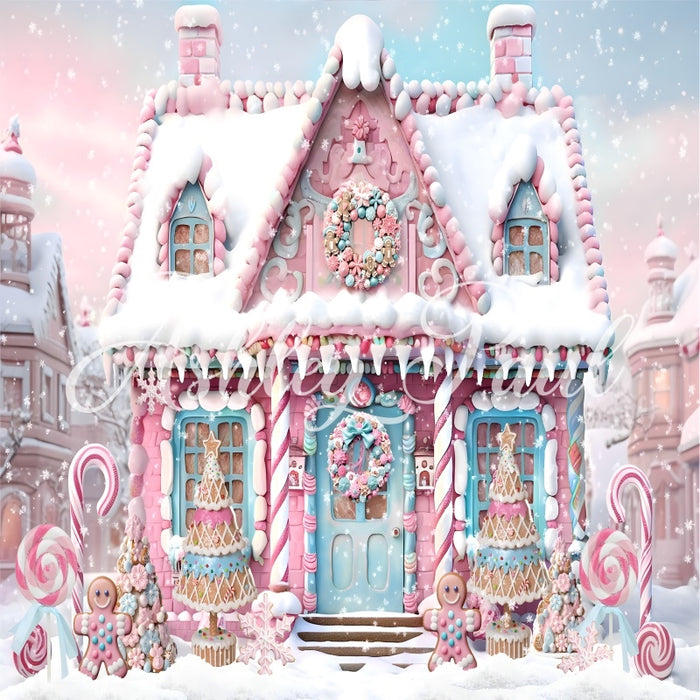 Kate Pink Christmas Gingerbread Man House Backdrop Designed by Ashley