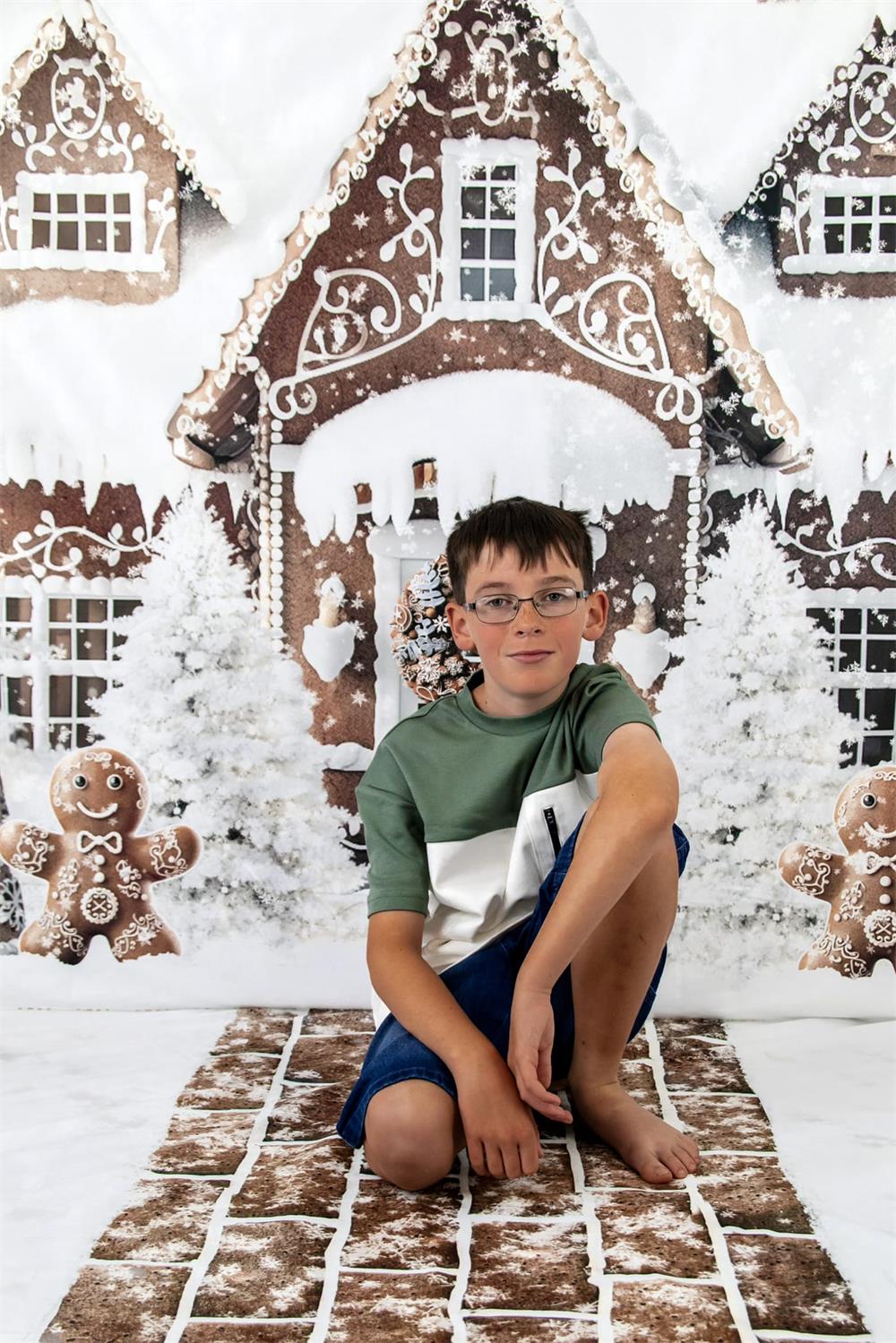 Kate Winter Christmas Gingerbread House Baking Cookies Backdrop+Winter Snow Brown Brick Path Floor Backdrop