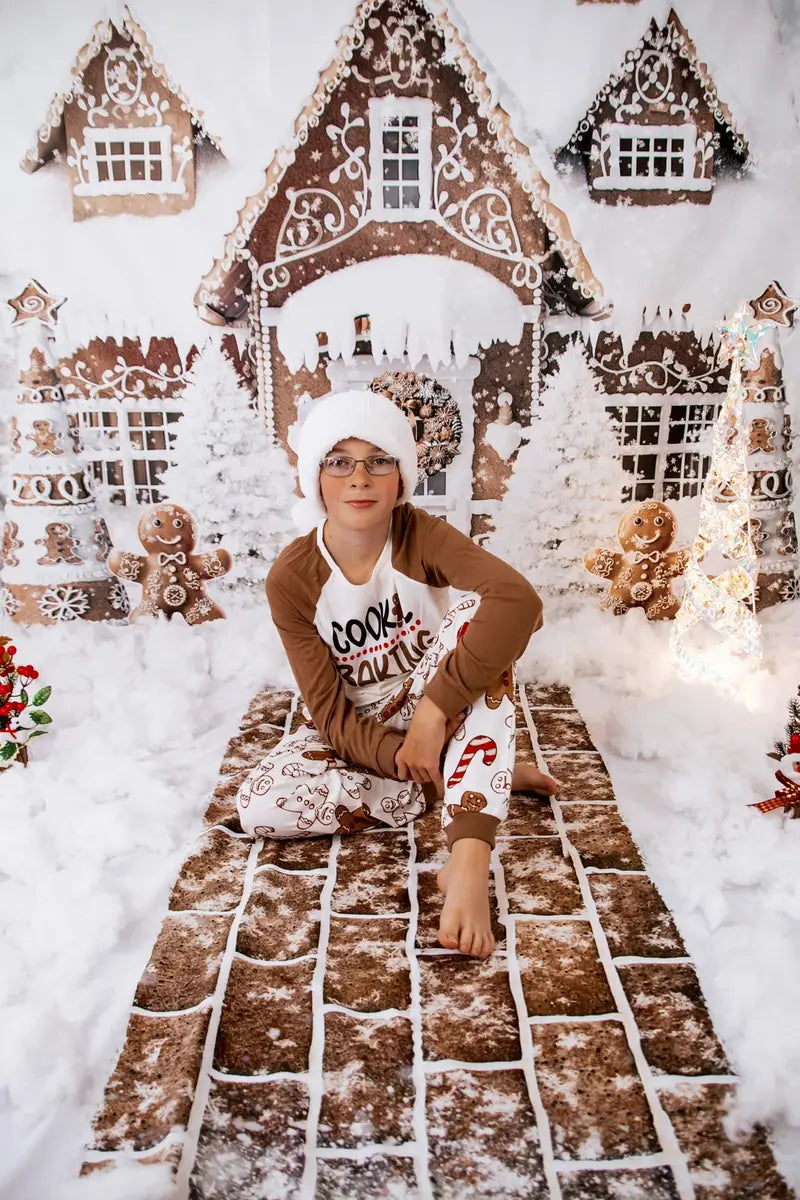 Kate Winter Christmas Gingerbread House Baking Cookies Backdrop+Winter Snow Brown Brick Path Floor Backdrop