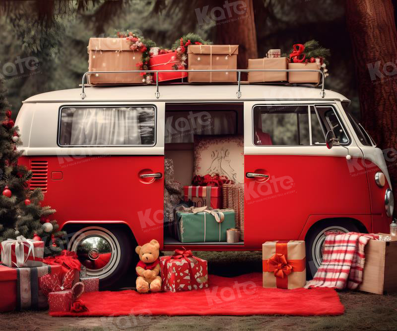 Sfondo regalo di Natale per fotografia con macchina rossa.
