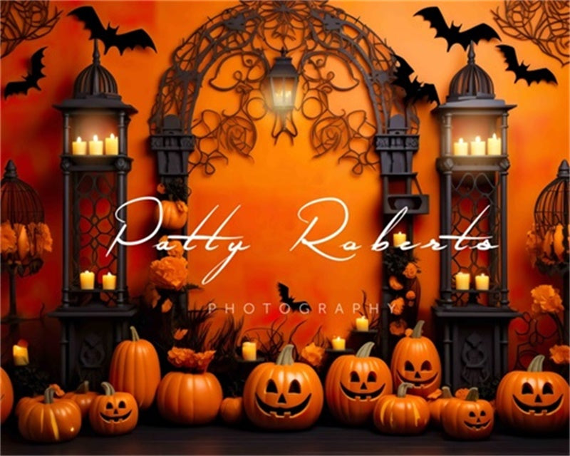 Sfondo arancione con zucche e pipistrelli per Halloween disegnato da Patty Robert